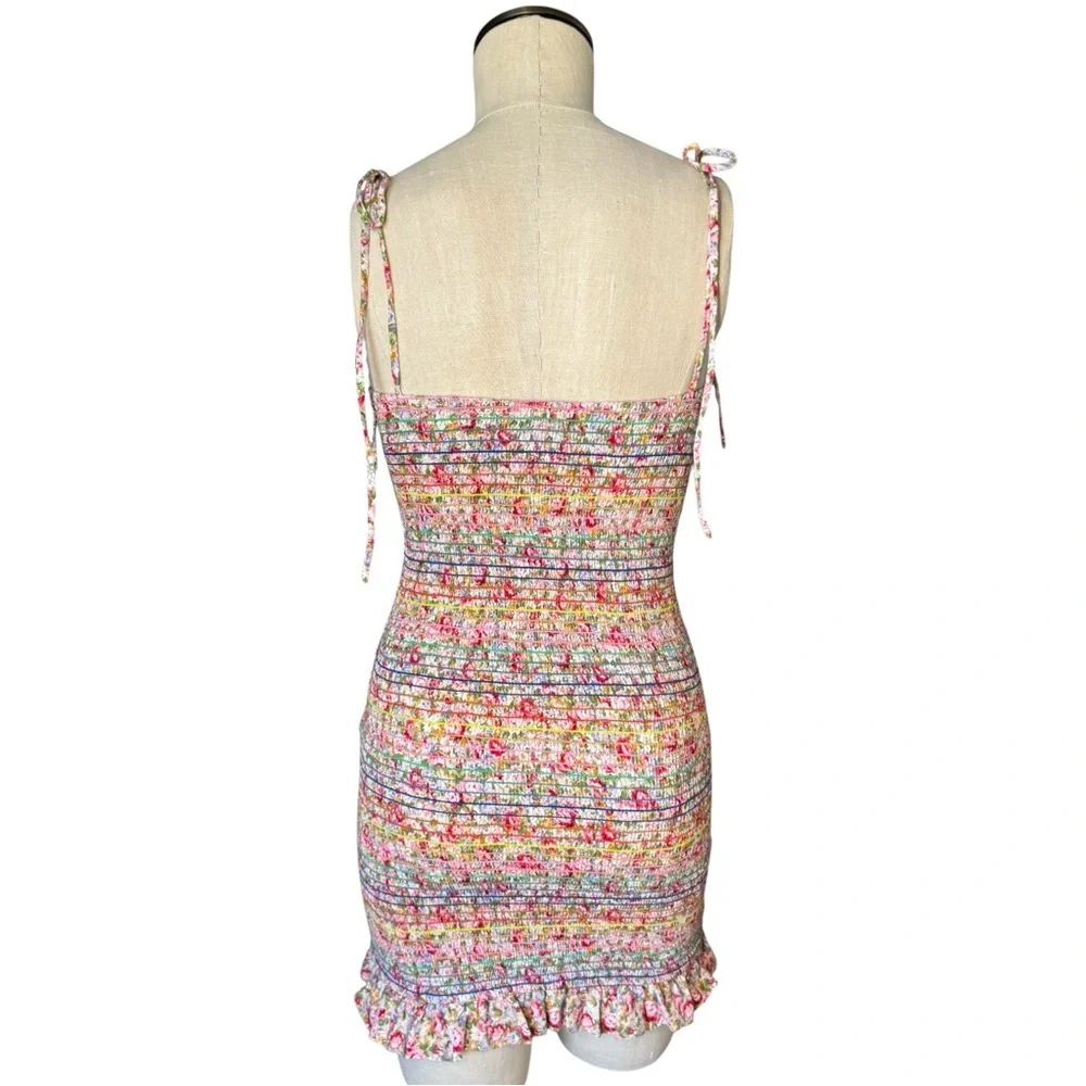 Storia Rainbow Floral Smocked Ruffle Bodycon Spaghetti Tie Strap Mini Dress Sz S